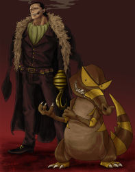 Rule 34 | 1boy, alternate color, amputee, ascot, bad id, bad pixiv id, belt, black hair, cigar, claws, coat, creatures (company), crocodile (one piece), crossover, expressionless, fur coat, game freak, gen 5 pokemon, grey eyes, grin, hair slicked back, highres, hook hand, krookodile, nintendo, one piece, open mouth, pants, poke ball, pokemon, pokemon (creature), ragya, red background, scar, shiny pokemon, shoes, smile, smoking, standing, trait connection