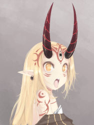 Rule 34 | 1girl, bare shoulders, blonde hair, claws, dmtbeetarp, earrings, fate/grand order, fate (series), female focus, highres, horns, ibaraki douji (fate), japanese clothes, jewelry, kimono, long hair, long pointy ears, looking at viewer, off shoulder, oni, oni horns, open mouth, pointy ears, solo, tongue, yellow eyes