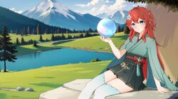 Rule 34 | 1girl, ai-assisted, akiko sushi, blue eyes, centauri-d, cloud, cloudy sky, commission, forest, highres, lake, long hair, looking at viewer, mountain, nature, nose, orange hair, orb, rock, skirt, sky, smile, thighhighs, thighs, tree, virtual youtuber, vreverie, wallpaper