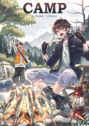 Rule 34 | 2boys, :d, ^ ^, absurdres, animal, bag, bandaid, bandaid on face, bandaid on leg, bare tree, black footwear, black gloves, black jacket, black legwear, boots, brown eyes, brown footwear, brown hair, brown headwear, brown shorts, campfire, camping, camping chair, chair, closed eyes, cloud, cloudy sky, collarbone, commentary request, cooler, day, dog tags, eating, english text, fire, fish, fishing rod, folding chair, food, forest, full body, gloves, grass, green shirt, hair between eyes, hat, highres, holding, holding animal, holding fish, holding fishing rod, hood, hoodie, jacket, latex, latex gloves, lens flare, looking at viewer, male focus, mountainous horizon, multiple boys, nature, open clothes, open jacket, open mouth, open vest, orange vest, original, outdoors, river, rock, shirt, shorts, sidelocks, sitting, skewer, sky, sleeping bag, smile, socks, standing, suzaku (zaku6584), table, teeth, tent, tree, vest, white hoodie, white shorts, |d