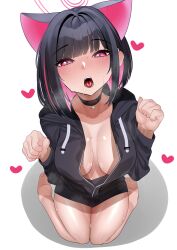 Rule 34 | 1girl, animal ears, barefoot, black choker, black hair, black jacket, blue archive, blush, breasts, cat ears, choker, collarbone, colored inner hair, extra ears, from above, hair ornament, hairclip, halo, heart, highres, hood, hood down, hooded jacket, jacket, kazusa (blue archive), keishi surota, large breasts, long sleeves, looking at viewer, multicolored hair, open mouth, partially unzipped, pink hair, pink halo, red eyes, short hair, simple background, soles, solo, sweat, tongue, white background