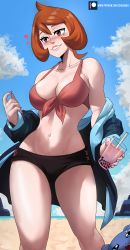 Rule 34 | 1girl, :3, absurdres, arezu (pokemon), artist name, bare arms, bare shoulders, beach, bikini, bikini top only, black shorts, blue sky, breasts, cleavage, cloud, creatures (company), echo saber, fingernails, game freak, gen 3 pokemon, heart, highres, jacket, large breasts, lips, looking at viewer, looking to the side, micro shorts, navel, nintendo, ocean, open mouth, pokemon, pokemon legends: arceus, red eyes, red hair, scan, short hair, shorts, simple background, sky, smile, spheal, standing, stomach, swimsuit, thighs, unworn jacket, water, wide hips