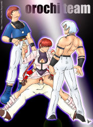 Rule 34 | 1girl, 3boys, censored, group sex, hair over eyes, handjob, jpeg artifacts, multiple boys, penis, pussy, sex, shermie (kof), snk, the king of fighters, vaginal, watermark