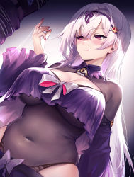 Rule 34 | 1girl, blush, breasts, cleavage, cleavage cutout, clothing cutout, covered navel, crop top, crop top overhang, hair ornament, haoni, highleg, highres, large breasts, long hair, long sleeves, original, purple eyes, skull hair ornament, smile, solo, thread, white hair, x hair ornament