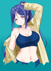 Rule 34 | 1girl, aqua background, bad id, bad twitter id, bare shoulders, black tank top, blue hair, breasts, cleavage, hand on own head, highres, large breasts, long hair, looking at viewer, love live!, love live! sunshine!!, matsuura kanan, midriff, moshi 0208, navel, off shoulder, open clothes, open shirt, ponytail, purple eyes, shirt, solo, sports bra, tank top, upper body, yellow shirt