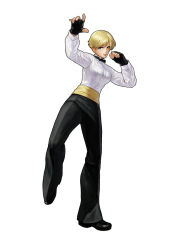 Rule 34 | 1girl, androgynous, blonde hair, blue eyes, fighting stance, fingerless gloves, formal, full body, gloves, king (snk), king of fighters xiii, official art, ogura eisuke, pants, reverse trap, ryuuko no ken, short hair, snk, solo, standing, standing on one leg, suit, the king of fighters, the king of fighters xiii