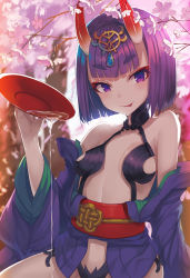 Rule 34 | 1girl, :p, alcohol, blunt bangs, bob cut, breasts, cherry blossoms, cup, fate/grand order, fate (series), highres, horns, japanese clothes, kimono, looking at viewer, mhong, oni, pale skin, petals, purple eyes, purple hair, sakazuki, sake, short hair, shuten douji (fate), skin-covered horns, small breasts, solo, tongue, tongue out