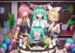Rule 34 | 3girls, :d, ;d, absurdres, ahoge, aqua eyes, aqua hair, aqua nails, aqua necktie, arm hug, balloon, bare shoulders, barefoot, belt, birthday, birthday cake, birthday party, black sailor collar, black shirt, black shorts, black skirt, black sleeves, blonde hair, blue eyes, blush, bow, breasts, cake, cherry, chestnut mouth, clock, collarbone, collared shirt, commentary request, couch, cowboy shot, cream, crop top, detached sleeves, fang, food, fruit, gift, hair between eyes, hair bow, hair ornament, hairclip, hakuya (reihoui), hand on another&#039;s shoulder, happy birthday, hatsune miku, hatsune miku (vocaloid4), highres, holding, holding plate, indoors, kagamine rin, large breasts, long hair, long skirt, looking at another, looking at viewer, megurine luka, midriff, multiple girls, nail polish, navel, necktie, one eye closed, open mouth, orange (fruit), orange slice, pink hair, pink nails, plate, pov, pov hands, sailor collar, shirt, short hair, shorts, shoulder tattoo, sidelocks, skirt, sleeveless, sleeveless shirt, small breasts, smile, spring onion, standing, strawberry, tattoo, teeth, translation request, twintails, upper teeth only, v4x, very long hair, vocaloid, wall, wall clock, whipped cream, white shirt, yellow belt
