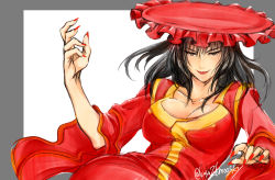 Rule 34 | 1girl, arm up, black hair, breasts, brown eyes, chinese clothes, cleavage, dress, evil smile, kusu (moo1225), large breasts, leaning back, lips, lipstick, long hair, makeup, nail polish, niao sun, red dress, red headwear, red nails, sega, shenmue, shenmue iii, smile, solo