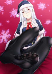 Rule 34 | 1girl, black pantyhose, blue capelet, blue dress, blue hat, blurry, blurry background, capelet, christmas, closed mouth, commentary request, convenient leg, cross, cross necklace, dress, feet, foot focus, foreshortening, full body, fur trim, hair between eyes, hat, head tilt, highres, jewelry, leaning back, leg up, long hair, looking at viewer, necklace, no shoes, original, pantyhose, red background, red eyes, ribbon, santa costume, santa hat, short sleeves, sidelocks, simple background, sitting, smile, snowflakes, soles, solo, toes, white hair, zaregoto tsukai no deshi
