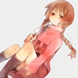Rule 34 | 1girl, bad id, bad pixiv id, braid, brown hair, commentary request, grey background, long hair, lowres, madotsuki, niigo, pink shirt, shirt, simple background, solo, sweater, twin braids, twintails, yume nikki