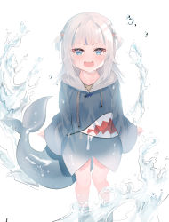 Rule 34 | 1girl, blue eyes, blue footwear, blue hair, blue hoodie, blush, commentary, drawstring, fins, fish tail, gawr gura, gawr gura (1st costume), hair ornament, highres, hololive, hololive english, hood, hood down, hoodie, kazo (apap023451), long hair, long sleeves, looking at viewer, multicolored hair, open mouth, shark hair ornament, shark tail, sharp teeth, shoes, silver hair, sleeves past wrists, solo, standing, streaked hair, tail, teeth, two side up, upper teeth only, v-shaped eyebrows, virtual youtuber, water, wide sleeves