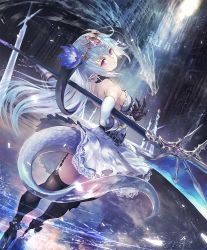 Rule 34 | 1girl, backless outfit, blue hair, circlet, cygames, dragon, dragon girl, dragon horns, dragon tail, expressionless, flower, frilled skirt, frills, gauntlets, hair flower, hair ornament, horns, long hair, looking at viewer, looking back, official art, pointy ears, polearm, ponzu (catponz), purple eyes, ruins, shadowverse, skirt, solo, tail, thighhighs, weapon, whitefrost dragonewt filene