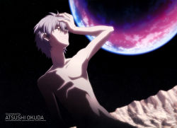 Rule 34 | 00s, 1boy, absurdres, armpits, completely nude, evangelion: 1.0 you are (not) alone, hand on own head, highres, male focus, moon, nagisa kaworu, neon genesis evangelion, night, night sky, nude, official art, okuda atsushi, rebuild of evangelion, red eyes, silver hair, sky, smile, solo