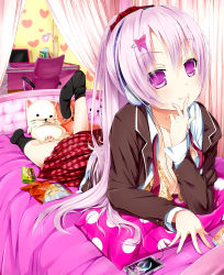 Rule 34 | 1girl, bed, blazer, blush, bra, breasts, chair, collarbone, computer, curtains, hair ornament, headphones, heart, highres, lamp, laptop, long hair, looking at viewer, lying, on stomach, original, pillow, pink eyes, pink hair, plaid, plaid skirt, skirt, smile, solo, stuffed animal, stuffed cat, stuffed toy, table, toguro (ojui0101), underwear, yellow bra