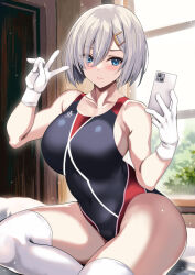 Rule 34 | 1girl, alternate costume, black one-piece swimsuit, blue eyes, breasts, cellphone, closed mouth, commentary request, competition swimsuit, covered navel, gloves, grey hair, hair between eyes, hair ornament, hairclip, hamakaze (kancolle), hands up, highleg, highleg swimsuit, highres, holding, holding phone, indoors, kantai collection, kyogoku shin, large breasts, looking at phone, one-piece swimsuit, phone, red one-piece swimsuit, selfie, short hair, sitting, solo, swimsuit, thighhighs, thighs, two-tone swimsuit, v, white gloves, white thighhighs