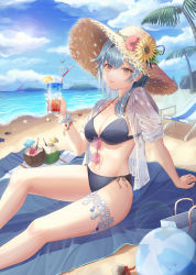 Rule 34 | 1girl, animal, arm behind back, arm support, bag, ball, beachball, bikini, bird, black bikini, blouse, blue hair, blue sky, bracelet, breasts, chair, cleavage, cloud, coconut, commentary, crazy straw, cup, day, drinking straw, eula (genshin impact), eyewear hang, eyewear hang, unworn eyewear, flower, food, from side, fruit, genshin impact, halterneck, hat, hat flower, heart straw, highres, holding, holding cup, ice, ice cube, jewelry, lemon, lemon slice, looking at viewer, looking to the side, lounge chair, medium breasts, ocean, open clothes, open shirt, outdoors, palm tree, red flower, sailing ship, sand, see-through, see-through shirt, shell, shirt, side-tie bikini bottom, sitting, sky, sleeves rolled up, slime nyang, solo, starfish, straw hat, sunflower, sunglasses, swimsuit, thigh strap, towel, tree, water, white shirt, yellow eyes, yellow flower