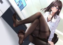 Rule 34 | 1girl, blue eyes, blush, bra, bra peek, breasts, brown hair, button shirt, chair, cleavage, computer, crossed legs, desk, feet, long hair, looking at viewer, office, office chair, office lady, open clothes, open shirt, panties, panties under pantyhose, pantyhose, pantyshot, sitting, soles, swivel chair, toes, underwear