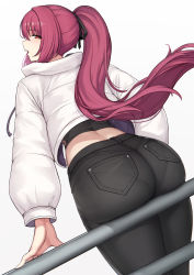 Rule 34 | 1girl, ass, black pants, black ribbon, blush, evan yang, fate/grand order, fate (series), hair ribbon, highres, jacket, long hair, long sleeves, looking at viewer, looking back, open mouth, pants, pantylines, ponytail, purple hair, railing, red eyes, ribbon, scathach (fate), simple background, solo, thighs, white background, white jacket
