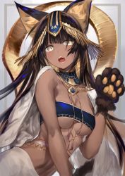 Rule 34 | 1girl, animal ear fluff, animal ears, animal hands, bandeau, blue bandeau, blush, breasts, brown eyes, brown gloves, brown hair, cat ears, cleavage, commentary request, dark-skinned female, dark skin, egyptian, egyptian clothes, fangs, gloves, hair between eyes, hand up, jewelry, kouyafu, long hair, looking at viewer, medium breasts, open mouth, original, paw gloves, pendant, slit pupils, solo, usekh collar, v-shaped eyebrows, very long hair