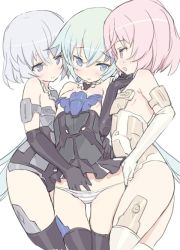 Rule 34 | 10s, 3girls, ass, bare shoulders, black gloves, blade (galaxist), blue eyes, blue hair, blush, breasts, commentary request, cowboy shot, elbow gloves, frame arms girl, gloves, hand in panties, materia (frame arms girl), materia kuro, materia shiro, mecha musume, multiple girls, panties, pink eyes, pink hair, purple eyes, short hair, simple background, skirt, small breasts, smile, standing, striped clothes, striped panties, stylet, thigh gap, thighhighs, twintails, underwear, white background, white panties, yuri