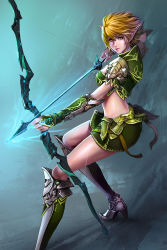 Rule 34 | 1girl, armor, arrow (projectile), blonde hair, blue background, boots, bow (weapon), chaosringen, elf, green theme, high heel boots, high heels, highres, miniskirt, original, pointy ears, shoulder armor, skirt, solo, pauldrons, vambraces, weapon, yellow eyes