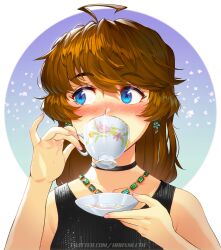 Rule 34 | 1girl, absurdres, ahoge, bare arms, black choker, blue eyes, brooke (mleth), brown hair, choker, collarbone, commentary, cup, earrings, english commentary, freckles, hair between eyes, highres, holding, holding cup, jewelry, long hair, looking away, looking to the side, mleth, nail polish, necklace, original, pink nails, pinky out, simple background, solo, swept bangs, teacup, twitter username, upper body