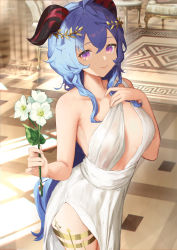 Rule 34 | 1girl, alternate costume, ancient greek clothes, blue hair, breasts, chiton, circlet, closed mouth, collarbone, curled horns, dress, flower, ganyu (genshin impact), genshin impact, goat horns, gold, greco-roman clothes, highres, holding, holding flower, horns, long hair, looking at viewer, medium breasts, nashidrop, paid reward available, peplos, purple eyes, side slit, single-shoulder dress, single bare shoulder, single strap, sleeveless, sleeveless dress, smile, solo, thighlet, thighs, very long hair, white dress, white flower