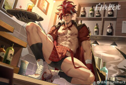 Rule 34 | 1boy, absurdres, ahoge, alchemy stars, apron, aussummer, bara, bare pectorals, black male underwear, boxer briefs, facial hair, from below, goatee, headband, highres, long hair, looking at viewer, male focus, male underwear, mechanical arms, multicolored hair, muscular, muscular male, no pants, open clothes, open shirt, pectorals, red apron, red hair, scar, scar on chest, seductive smile, shoes, single mechanical arm, sinsa (alchemy stars), smile, sneakers, solo, spread legs, thick eyebrows, thick thighs, thighs, underwear, waist apron, white hair, wide spread legs, yellow eyes