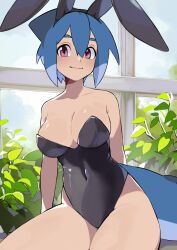Rule 34 | 1girl, animal ears, azuumori, bare shoulders, black leotard, blue hair, breasts, closed mouth, commentary, covered navel, english commentary, fake animal ears, fins, fish tail, hair between eyes, highres, large breasts, leotard, looking at viewer, mako (azuumori), original, playboy bunny, rabbit ears, red eyes, shark fin, shark girl, shark tail, smile, solo, strapless, strapless leotard, tail
