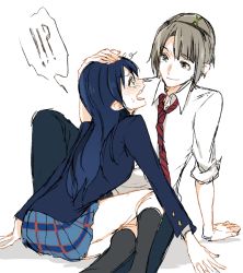 Rule 34 | !?, 10s, 1boy, 1girl, blazer, blush, collared shirt, eye contact, genderswap, genderswap (ftm), hair ornament, hand on another&#039;s head, headpat, hetero, jacket, long hair, long sleeves, looking at another, love live!, love live! school idol project, minami kotori, necktie, on lap, red necktie, school uniform, shirt, sitting, sketch, skirt, sleeves rolled up, smile, sofy, sonoda umi, striped necktie, striped neckwear, white shirt, x hair ornament