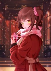 Rule 34 | 1girl, absurdres, blush, box, brown hair, coat, gift, gift box, hair ornament, hair scrunchie, heart-shaped box, highres, holding, holding box, idolmaster, idolmaster million live!, kasuga mirai, looking at viewer, looking to the side, one side up, outdoors, pink scarf, raby vivid, red coat, scarf, scrunchie, solo, valentine, yellow eyes