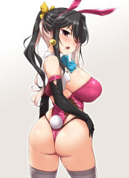 Rule 34 | 1girl, animal ears, ass, black gloves, black hair, bow, breasts, elbow gloves, fake animal ears, fake tail, fang, from behind, gloves, grey thighhighs, hair bow, highres, kantai collection, large breasts, leotard, long hair, looking at viewer, looking back, multicolored hair, naganami (kancolle), one eye closed, open mouth, pink hair, pink leotard, playboy bunny, ponytail, rabbit ears, rabbit tail, simple background, solo, sweat, tail, thighhighs, thighs, thong leotard, yellow bow, yoshi tama