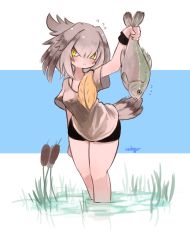 Rule 34 | 1girl, :&lt;, absurdres, alternate costume, animal, black shorts, blonde hair, blush, cattail, ceroblitz, commentary, english commentary, fish, flying sweatdrops, gradient hair, grey hair, grey shirt, hair between eyes, hand up, head wings, highres, holding, holding animal, holding fish, kemono friends, leaning forward, looking at viewer, medium hair, multicolored hair, plant, shirt, shoebill (kemono friends), short shorts, short sleeves, shorts, signature, single sidelock, solo, wading, water, wings, yellow eyes