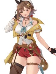 Rule 34 | 1girl, atelier (series), atelier ryza, atelier ryza 2, bare shoulders, belt, beret, black ribbon, blush, braid, breasts, brown eyes, brown gloves, brown hair, brown thighhighs, cleavage, collarbone, collared shirt, detached sleeves, earrings, gloves, hair ornament, hat, highres, jewelry, key, key necklace, large breasts, looking at viewer, necklace, open clothes, open mouth, open vest, partially fingerless gloves, red shorts, reisalin stout, ribbon, shirt, short hair, short shorts, shorts, side braid, single sleeve, single thighhigh, sleeveless, smile, solo, star (symbol), star earrings, thigh strap, thighhighs, thighs, vest, white hat, white shirt, yamamori kinako, yellow vest