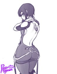 Rule 34 | 1girl, agawa ryou, artist name, ass, back, back tattoo, backless dress, backless outfit, bad id, bad tumblr id, boots, breasts, cowboy shot, curvy, dress, from behind, frown, greyscale, kagero deception, kagerou: kokumeikan shinshou, knee boots, looking at viewer, looking back, medium breasts, millennia, millennia (kagero), monochrome, pantyhose, profile, purple theme, short dress, short hair, shoulder pads, sideboob, signature, simple background, solo, standing, tattoo, thick thighs, thighs, white background, wide hips