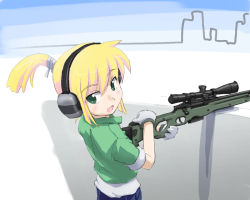 Rule 34 | 1girl, ai arctic warfare, blonde hair, bolt action, ear protection, gloves, green eyes, gun, iris (material sniper), material sniper, ponytail, rifle, sleeves rolled up, sniper rifle, solo, tanada-bon, weapon