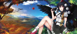 Rule 34 | 1girl, :d, animal, arm at side, arm support, belt, bird, bird wings, black hair, black ribbon, black skirt, black wings, blurry, blush, breasts, buttons, camera, cloud, crow, day, depth of field, hair between eyes, hat, holding, holding camera, in tree, leaf, leaf print, lens flare, looking at viewer, maple leaf, maru (sw1tch), miniskirt, motion blur, mountain, neck ribbon, open mouth, outdoors, pom pom (clothes), puffy sleeves, red eyes, red footwear, ribbon, ribbon-trimmed skirt, ribbon trim, shameimaru aya, shirt, shoes, short sleeves, sitting, skirt, sky, small breasts, smile, tokin hat, touhou, tree, white ribbon, white shirt, wings