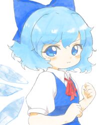 Rule 34 | 1girl, blue bow, blue eyes, blue hair, blue vest, bow, cirno, clenched hands, closed mouth, collared shirt, detached wings, dot nose, frown, hair bow, highres, ice, ice wings, light blue hair, looking at viewer, neck ribbon, pout, red ribbon, ribbon, sanunu36, shirt, short hair, simple background, solo, touhou, upper body, vest, white background, white shirt, wings