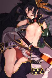 Rule 34 | 1girl, armor, black hair, bottle, breasts, closed eyes, drooling, fate/grand order, fate (series), gloves, hand up, highres, holding, holding bottle, i-pan, japanese armor, katana, kusazuri, long hair, open mouth, panties, parted bangs, pom pom (clothes), purple gloves, red panties, revealing clothes, sake bottle, sheath, sheathed, sidelocks, sleeping, small breasts, solo, sword, thighs, underwear, ushiwakamaru (fate), ushiwakamaru (third ascension) (fate), weapon