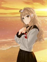 Rule 34 | 1girl, absurdres, artist name, artist request, black sailor collar, black skirt, blush, bow, breasts, brown eyes, brown hair, cloud, day, female focus, flower, grey hair, hair bow, hair flower, hair ornament, hair rings, highres, light brown hair, long hair, long sleeves, looking at viewer, love live!, love live! school idol project, minami kotori, miniskirt, orange sky, outdoors, parted lips, pink flower, plaid, plaid skirt, pleated, pleated skirt, ponytail, red neckwear, sailor collar, shirt, side ponytail, skirt, sky, smile, solo, sparkle, white bow, white shirt, yellow eyes