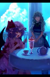 Rule 34 | 2girls, :d, apron, artist name, ascot, bad id, bad pixiv id, balcony, bat wings, blouse, blue hair, blue sky, braid, brooch, cherry, cloud, column, cup, day, faux traditional media, food, fruit, hair ribbon, happy, hat, hat ribbon, highres, ice cream, izayoi sakuya, jewelry, letterboxed, maid headdress, mob cap, mochacot, multiple girls, open mouth, own hands together, parfait, pillar, pink shirt, pointy ears, railing, red eyes, remilia scarlet, ribbon, saucer, shirt, short hair, short sleeves, silver hair, sitting, skirt, skirt set, sky, smile, sparkle, spoon, standing, table, tablecloth, teacup, teapot, touhou, tress ribbon, twin braids, v arms, waist apron, wings, wrist cuffs