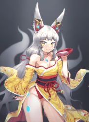 Rule 34 | 1girl, alternate costume, animal ear fluff, animal ears, arclumx, bare shoulders, blunt bangs, blush, borrowed design, breasts, chest jewel, collarbone, fox tail, ghost tail, grey hair, highres, long hair, long sleeves, medium breasts, multiple tails, nia (blade) (xenoblade), nia (xenoblade), off shoulder, sidelocks, smile, solo, spoilers, tail, very long hair, wide sleeves, xenoblade chronicles (series), xenoblade chronicles 2, yellow eyes