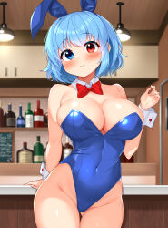 Rule 34 | 1girl, animal ears, bar (place), blue eyes, blue hair, blue leotard, blurry, blurry background, blush, bow, bowtie, breasts, closed mouth, cowboy shot, daichi (tokoya), detached collar, fake animal ears, hair between eyes, heterochromia, highres, indoors, large breasts, leotard, looking at viewer, rabbit ears, red bow, red bowtie, red eyes, short hair, solo, strapless, strapless leotard, tatara kogasa, touhou, wrist cuffs