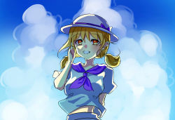 Rule 34 | 1girl, artist request, blonde hair, cloud, cloudy sky, highres, louise (touhou), midriff, outdoors, purple neckwear, purple sailor collar, sailor collar, shirt, short sleeves, skirt, sky, touhou, touhou (pc-98), upper body, white shirt, white skirt, yellow eyes