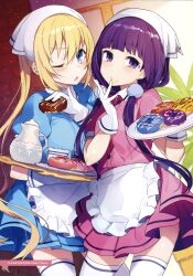 Rule 34 | 2girls, absurdres, apron, artist name, blend s, blonde hair, blue eyes, blush, closed mouth, color issue, cowboy shot, doughnut, dress, food, food on face, gloves, hand up, head scarf, highres, hinata kaho, holding, holding plate, holding tray, light particles, long hair, looking at viewer, low twintails, maid, mika pikazo, multiple girls, one eye closed, parted lips, pink dress, plate, purple eyes, purple hair, sakuranomiya maika, short sleeves, standing, stile uniform, thighhighs, tray, twintails, very long hair, waist apron, waitress, white apron, white gloves, white thighhighs