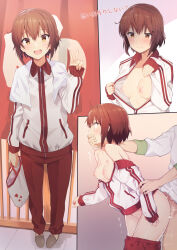 Rule 34 | 1boy, 1girl, absurdres, bag, blush, brown hair, clothed sex, clothes pull, collarbone, collared jacket, come hither, covering another&#039;s mouth, etou kanami, flashing, hair between eyes, hetero, highres, hitoiki, holding, holding bag, jacket, long sleeves, nipples, open mouth, pants, pants pull, red pants, sex, short hair, sidelocks, slippers, smile, standing, standing sex, straight-on, teeth, toji no miko, towel, towel around neck, track suit, upper teeth only, v, yellow eyes