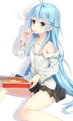 Rule 34 | 10s, 1girl, antenna hair, blue eyes, blue hair, box, breasts, cleavage, denpa onna to seishun otoko, finger to mouth, food, lace, lace-trimmed skirt, lace trim, long hair, matching hair/eyes, off shoulder, open mouth, parsley-f, pizza, plaid, plaid skirt, shirt, silhouette, simple background, sitting, skirt, small breasts, solo, stain, thighs, touwa erio, very long hair, white background, white shirt
