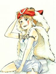 Rule 34 | 1girl, absurdres, bad id, bad pixiv id, ballpoint pen (medium), bare arms, breasts, brown hair, commentary request, earrings, facepaint, facial mark, fur, headband, highres, jewelry, kyunta, looking at viewer, marker (medium), mask, mononoke hime, necklace, san (mononoke hime), short hair, simple background, smile, solo, studio ghibli, tooth necklace, traditional media, white background