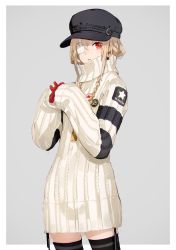 Rule 34 | 1girl, blonde hair, border, casual, closed mouth, cowboy shot, eyepatch, gloves, grey background, hat, heavily armed high school girls, jewelry, looking at viewer, necklace, neco, original, outside border, red eyes, ribbed sweater, san (heavily armed high school girls), short hair, simple background, solo, standing, sweater, thighhighs, turtleneck, turtleneck sweater